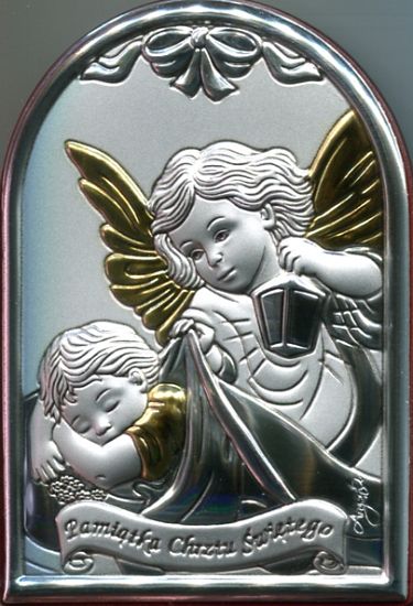 Pamiątka Chrztu Świętego Obrazek srebrny z Aniołem Stróżem