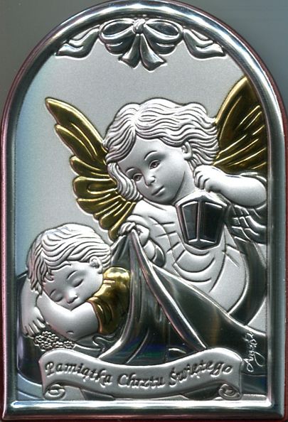 Pamiątka Chrztu Św. obrazek srebrny z Aniołem Stróżem