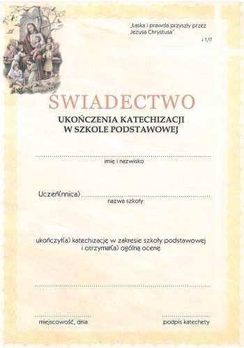 Świadectwo ukończenia katechizacji w szkole podstawowej