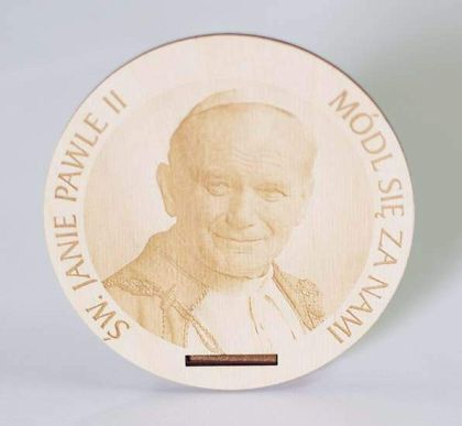 Obrazek drewniany okrągły ze stojakiem - św. Jan Paweł II (10 cm)