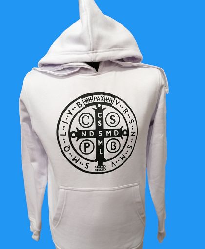 Bluza z kapturem biała Krzyż św.Benedykta