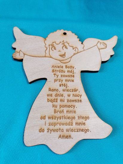 Anioł Stróż drewniany do powieszenia z modlitwą