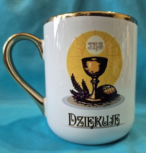 Kubek biały ze złotym rantem 330ml IHS Dziękuję