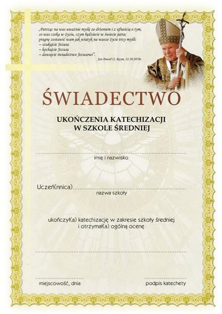 Świadectwo ukończenia katechizacji w szkole średniej (wzór 1)