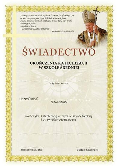 Świadectwo ukończenia katechizacji w szkole średniej