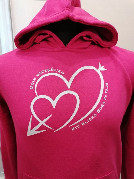 Bluza z kapturem różowa Moim szczęściem być blisko Boga